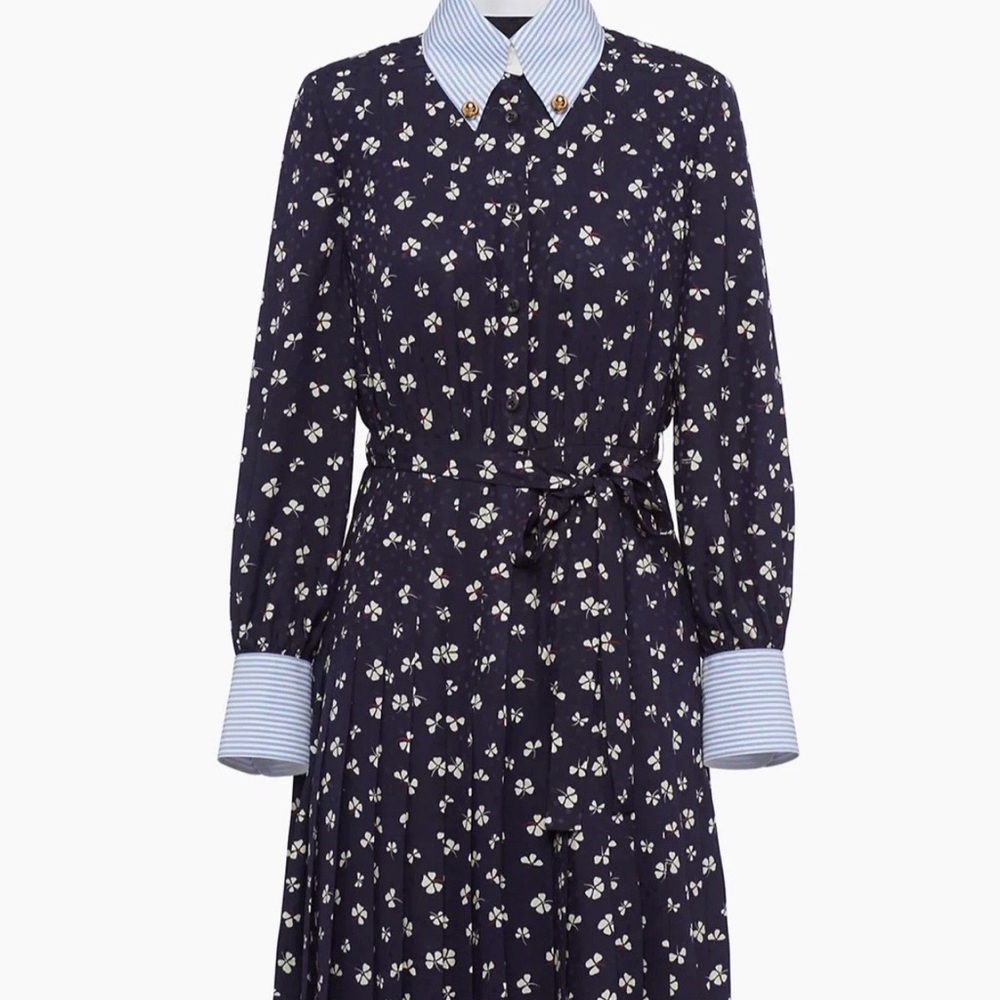 $4900, Prada Blue and Black Floral Long Sleeve Shirt Dress, EUC, Current Season